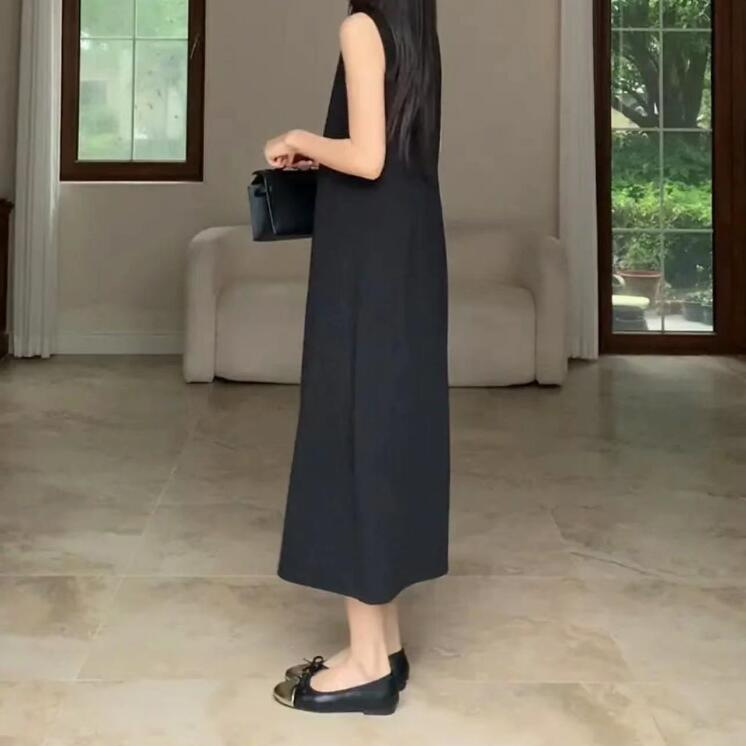 黒ドレス ロング丈 上質シンプル ノースリーブワンピース