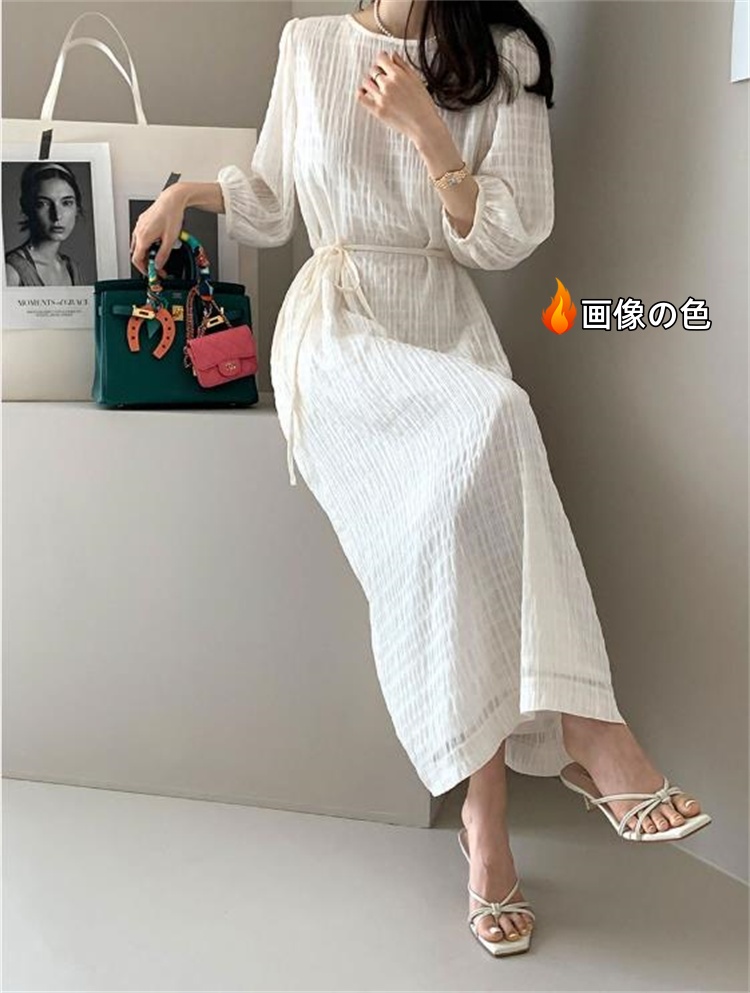 丸首七分袖リボン調節黒ドレス