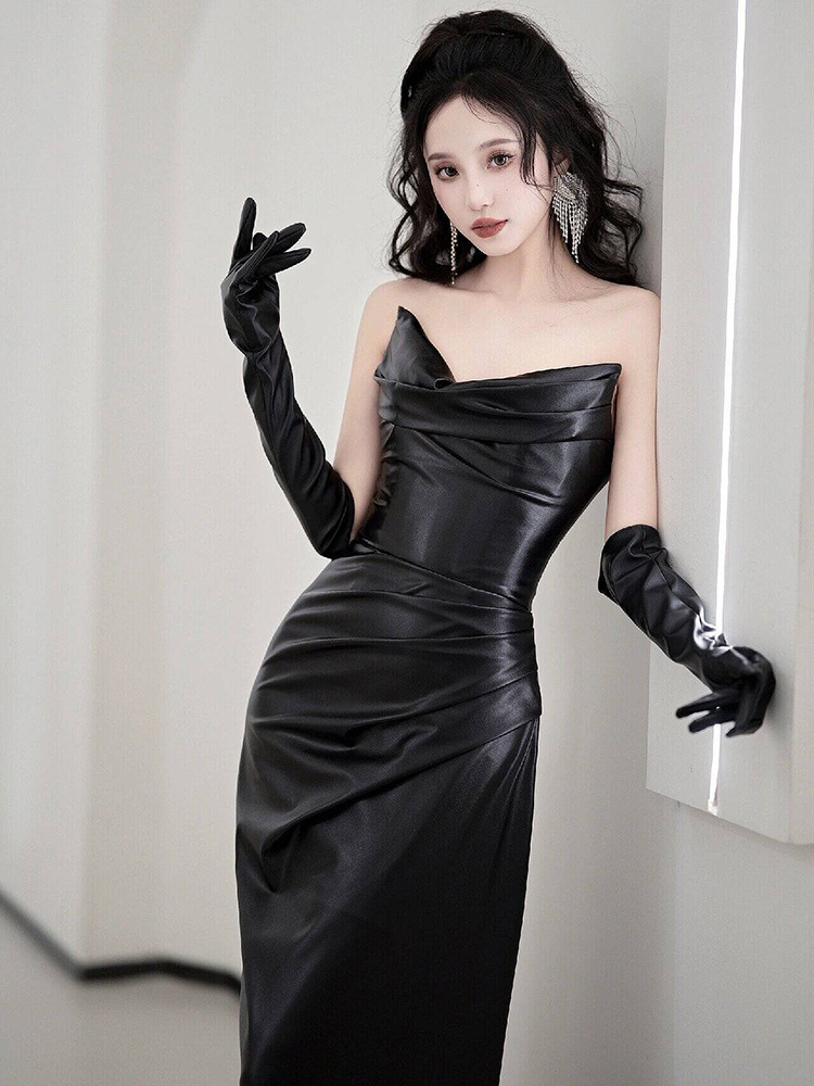 黒ドレス 優美なドレープマーメイドイブニングドレス