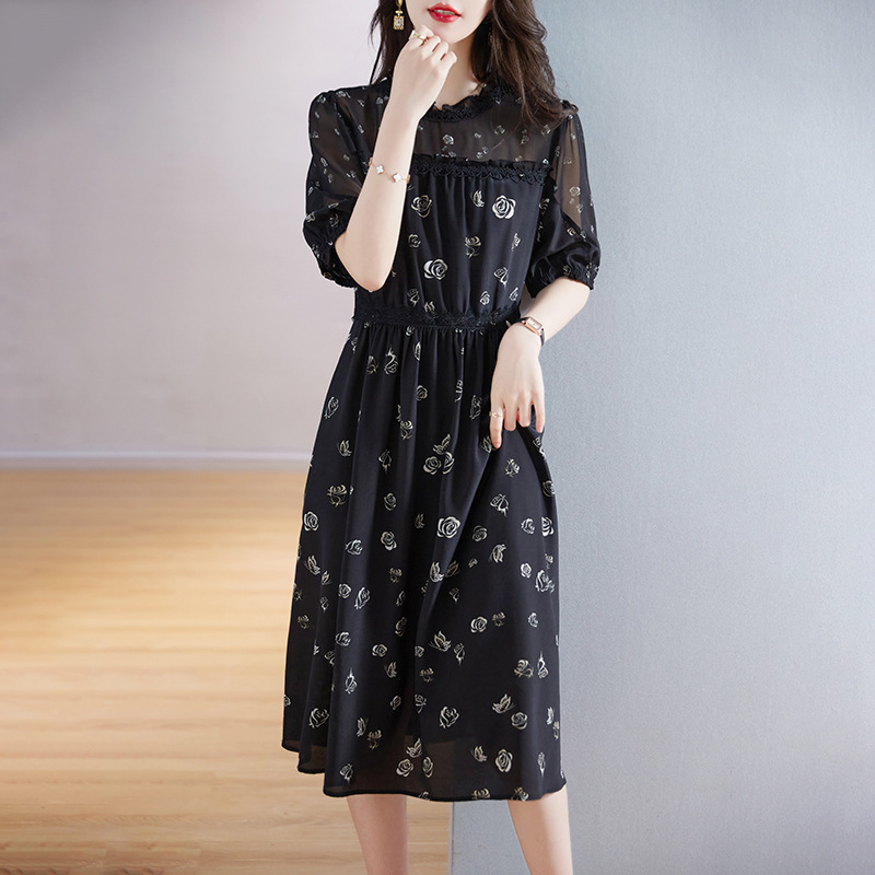 黒ドレス 花柄シースルーロングワンピース