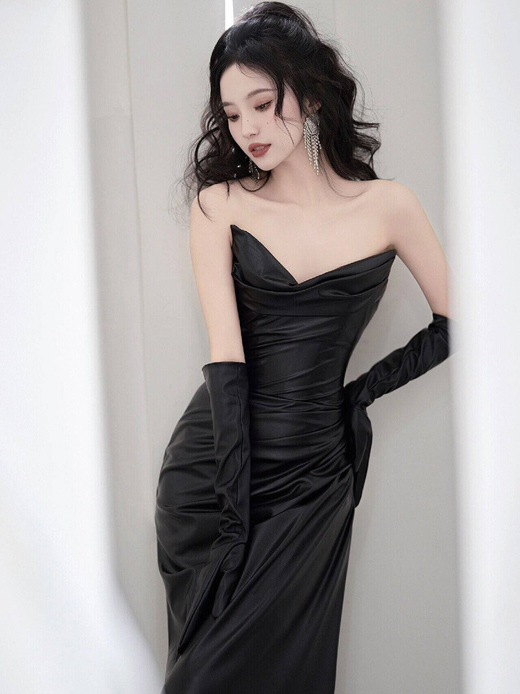 黒ドレス 優美なドレープマーメイドイブニングドレス