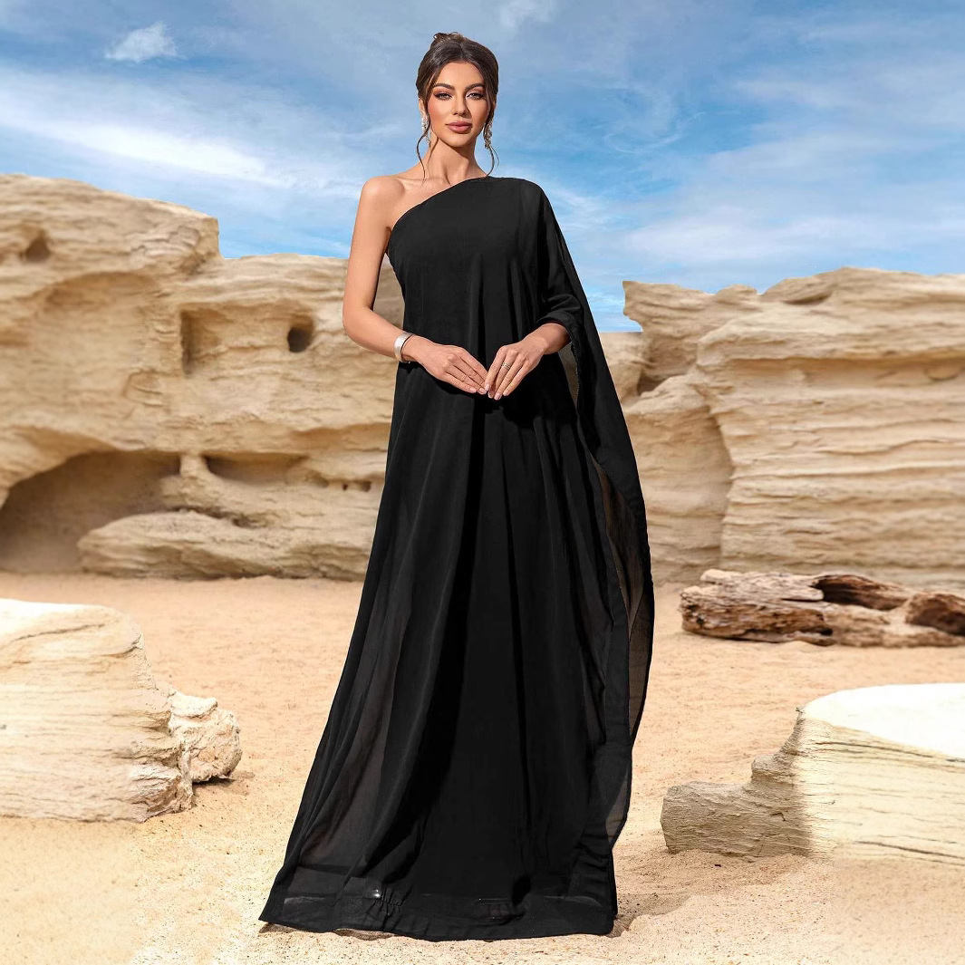 黒ドレス ワンショルダーケープ袖マキシ丈ドレス