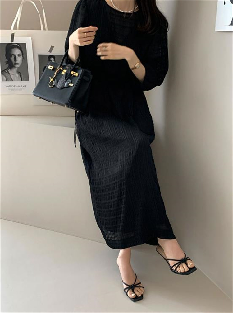 丸首七分袖リボン調節黒ドレス