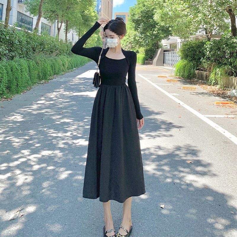 黒ドレス シンプル無地マキシワンピース