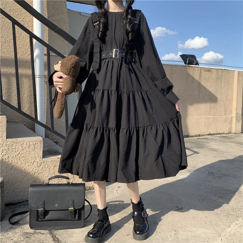 黒ドレス ベルト付きティアードフレアワンピース
