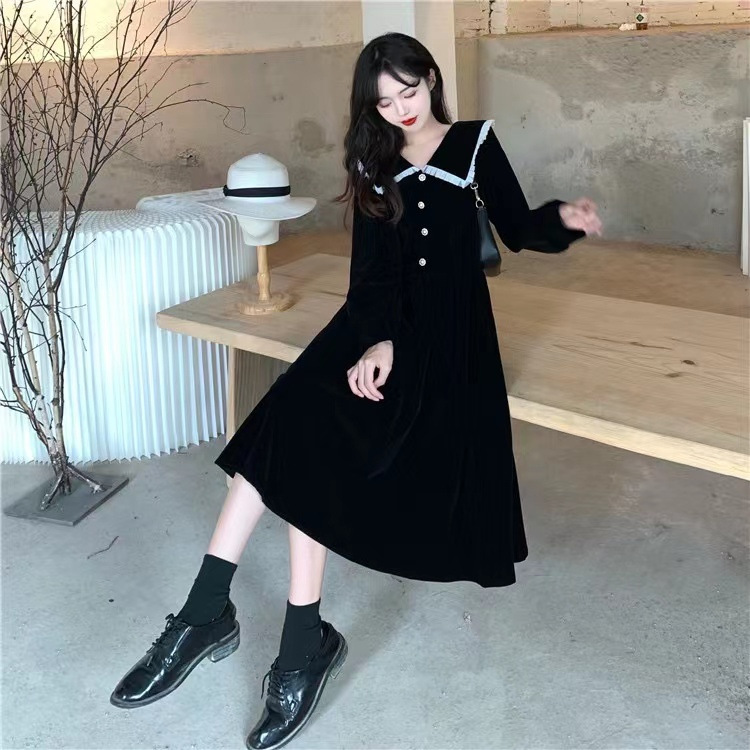 黒ドレス 襟付き飾りボタン優雅ミディワンピース