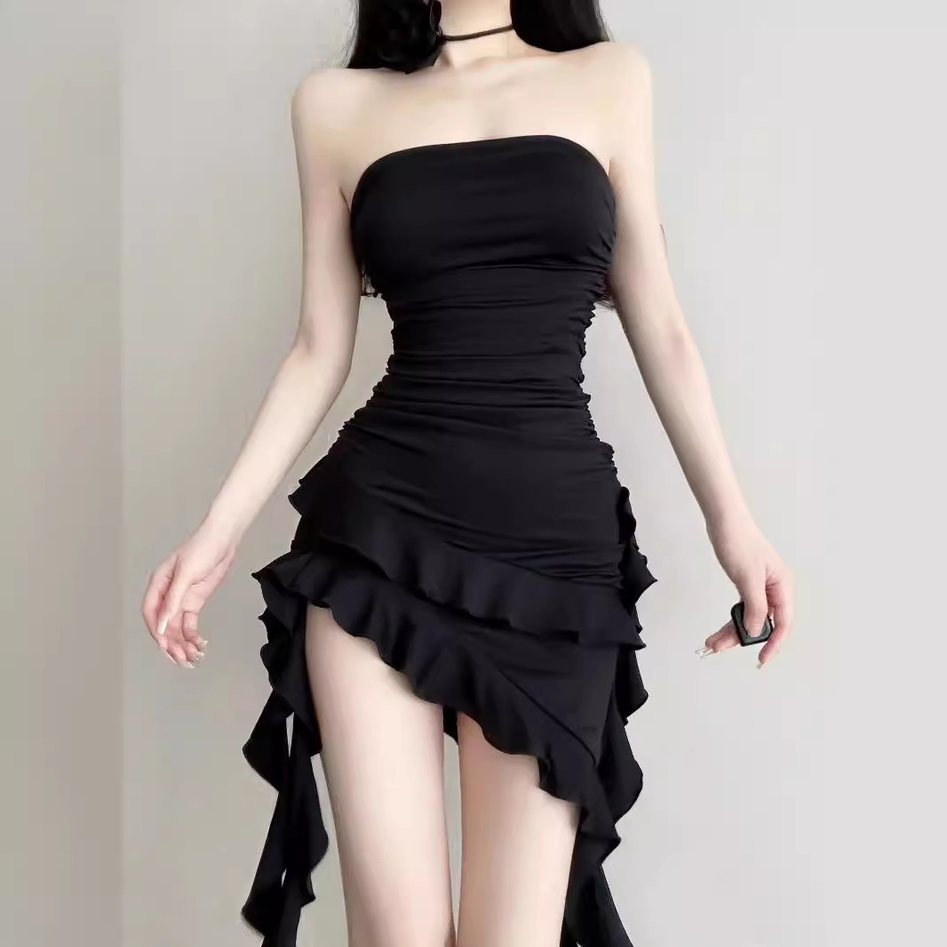 黒ドレス アシンメトリー フリルミニ黒ドレス