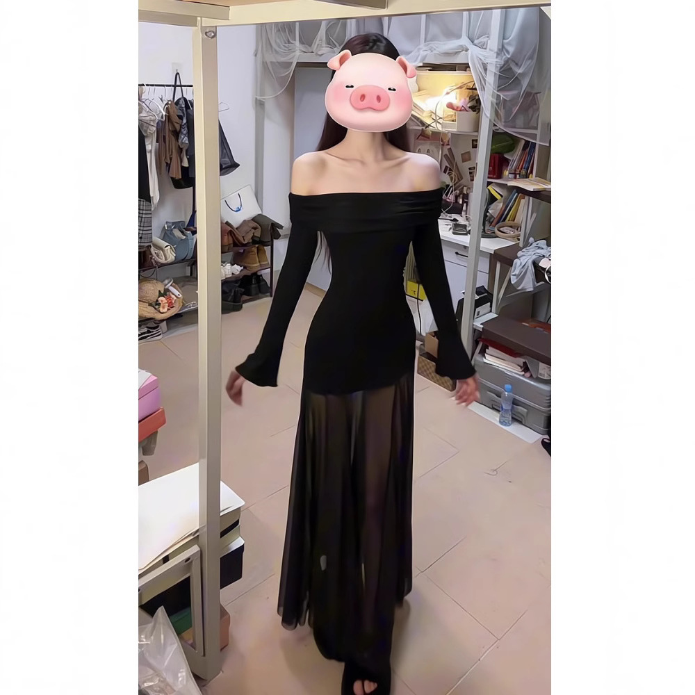 黒ドレス 肩魅せシアーマキシワンピース