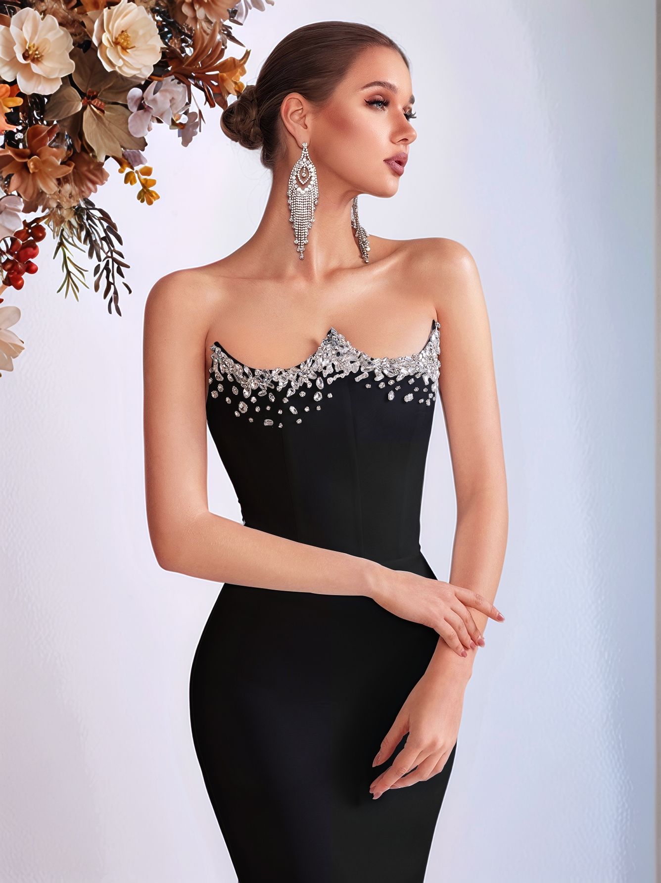 黒ドレス ビジュー装飾ベアトップタイトロング丈ドレス