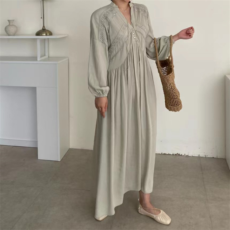 黒ドレス レトロモダン 刺繍レース 長袖マキシ丈ワンピース