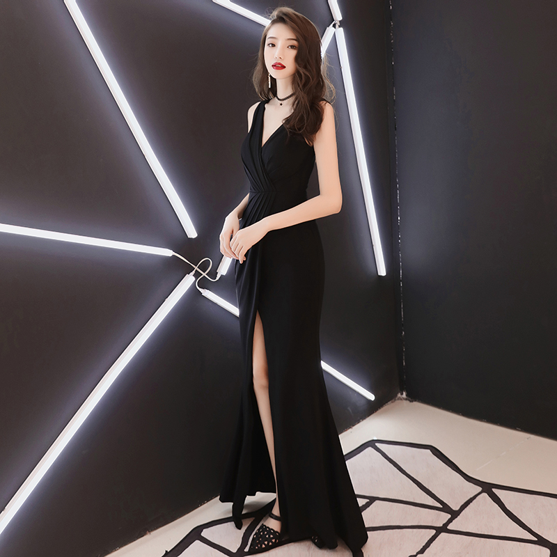 黒ドレス ロング丈 セクシー スリット ロングドレス イブニングドレス ノースリーブ Vネック