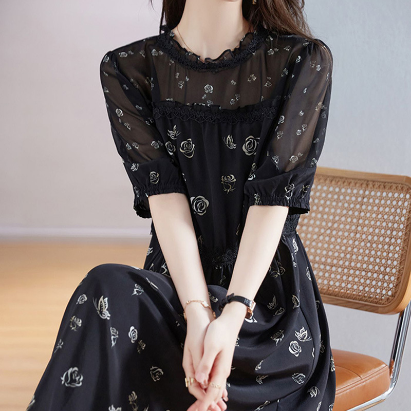 黒ドレス 花柄シースルーロングワンピース