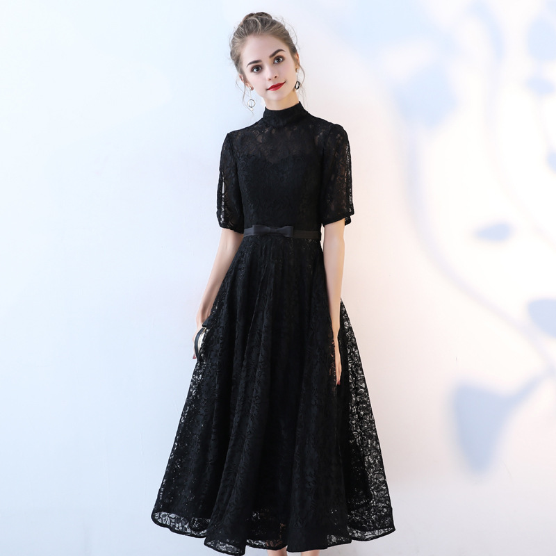 黒ドレス ロング  レース編み半袖ハイネックロングドレス