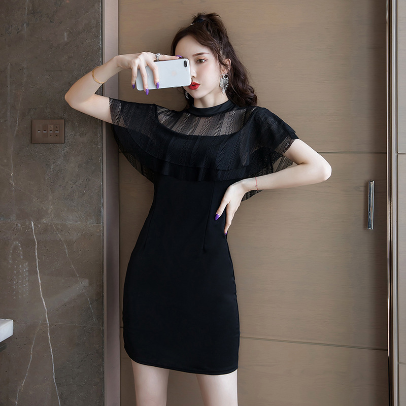 黒ドレス 黒チュール袖タイトワンピース 透け感半袖ミニドレス結婚式