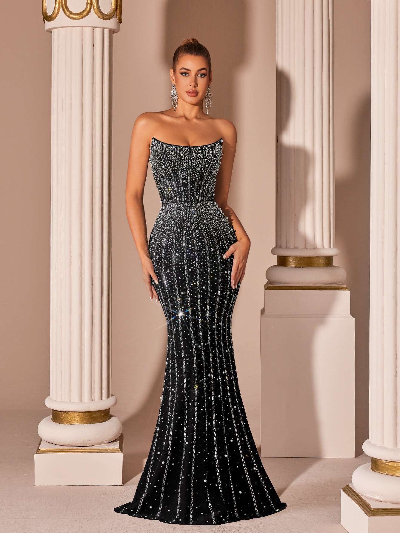 黒ドレス 全面ビジューベアトップマーメイドドレス