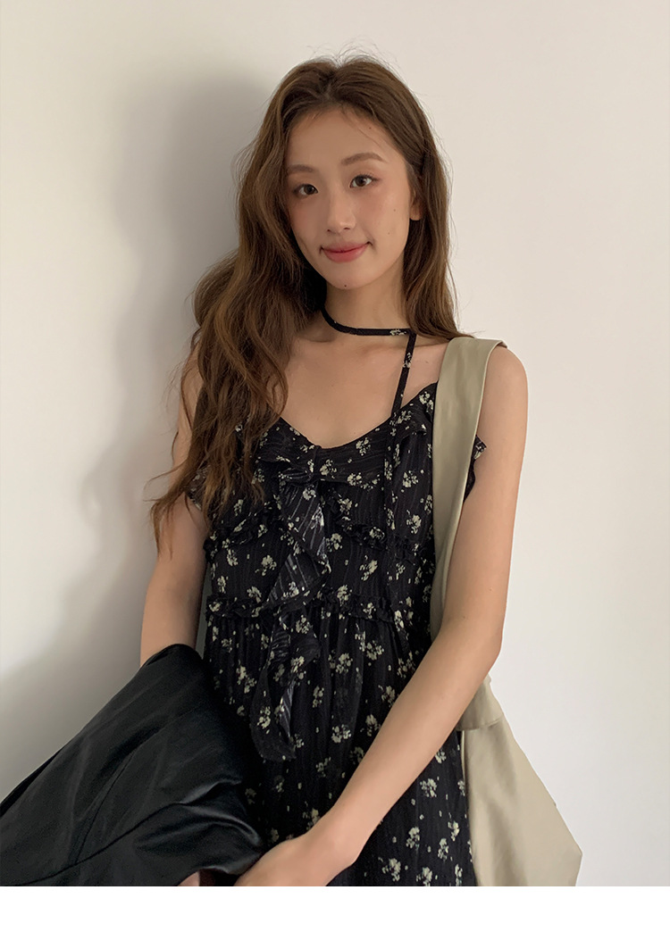 黒ドレス 小花柄シフォンロングキャミワンピース