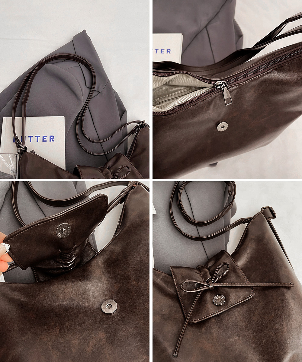旅行バッグ リボン付き合皮トートバッグ 斜め掛け二通り使い