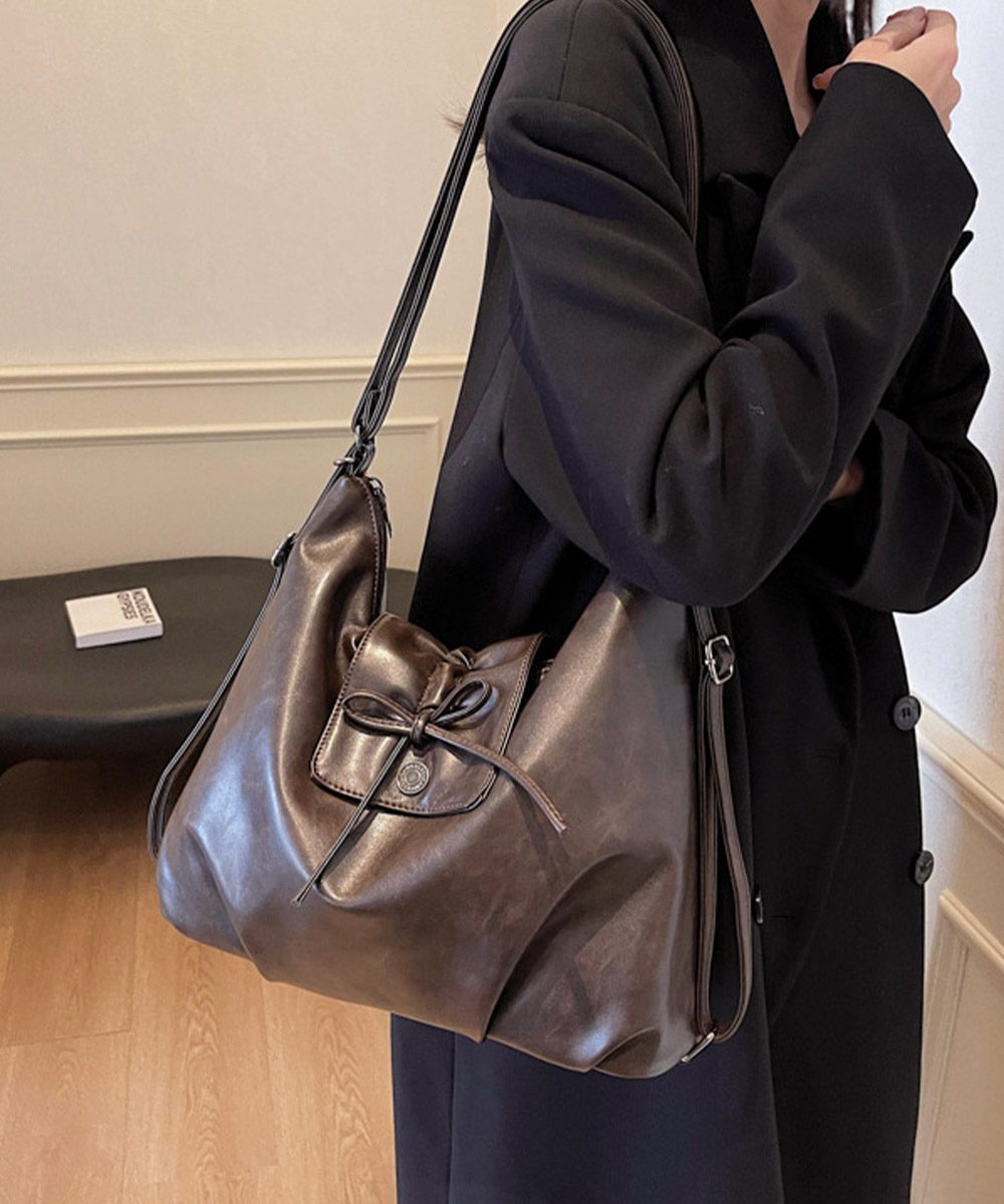 旅行バッグ リボン付き合皮トートバッグ 斜め掛け二通り使い