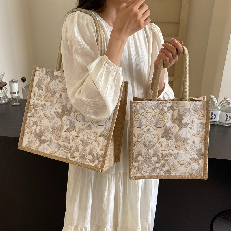 旅行バッグ 花模様 麻混トートバッグ