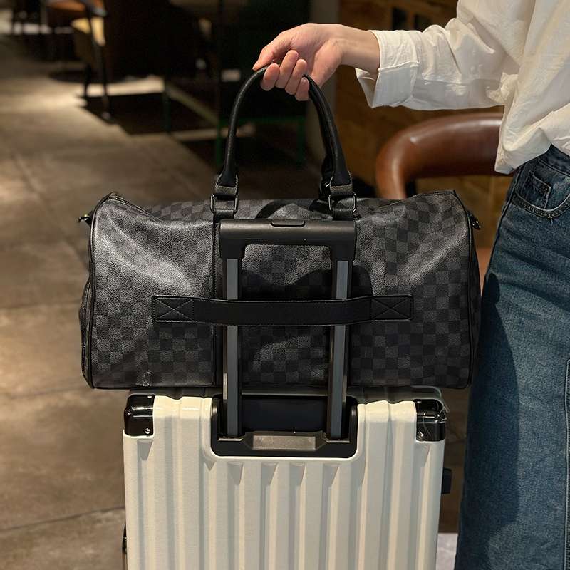 旅行バッグ 高級チェック柄パッチ付きボストンバッグ