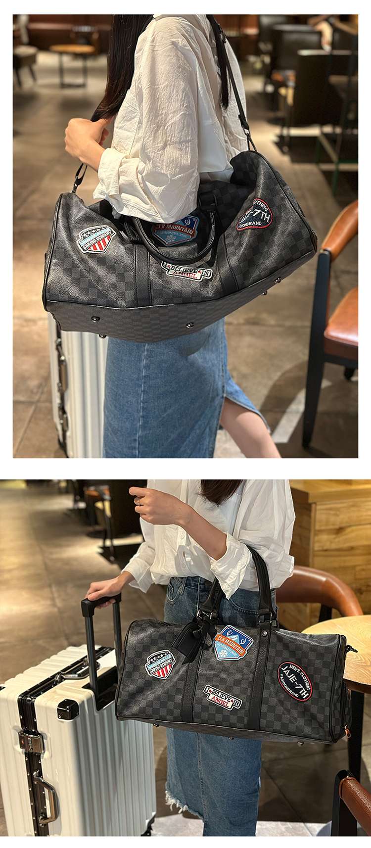 旅行バッグ 高級チェック柄パッチ付きボストンバッグ