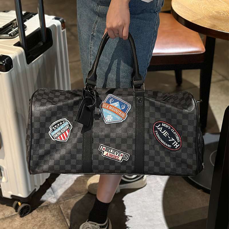 旅行バッグ 高級チェック柄パッチ付きボストンバッグ