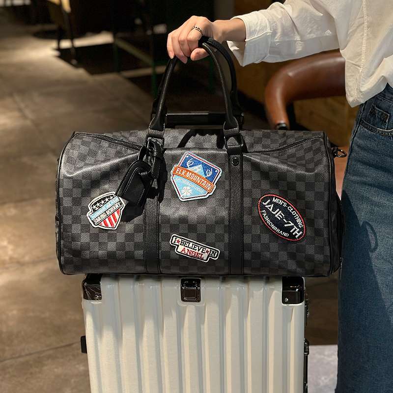 旅行バッグ 高級チェック柄パッチ付きボストンバッグ