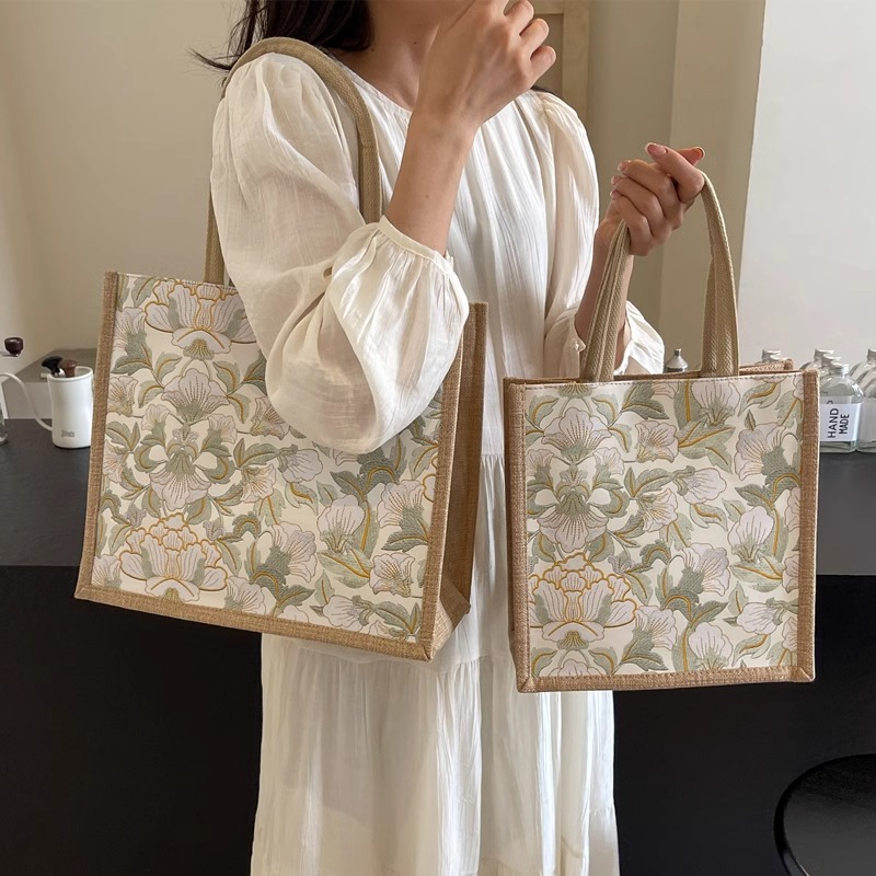 旅行バッグ 花模様 麻混トートバッグ