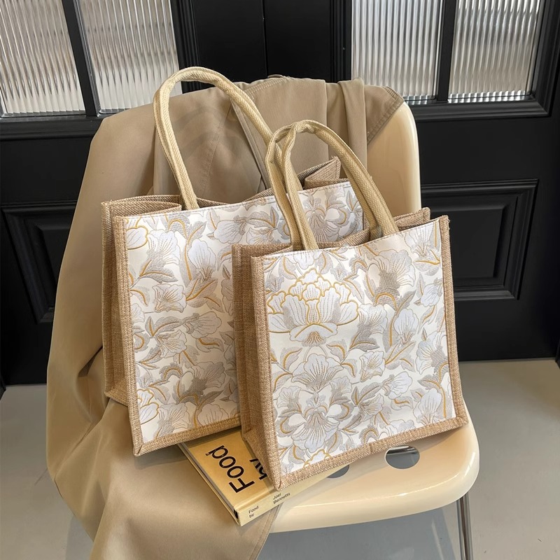 旅行バッグ 花模様 麻混トートバッグ