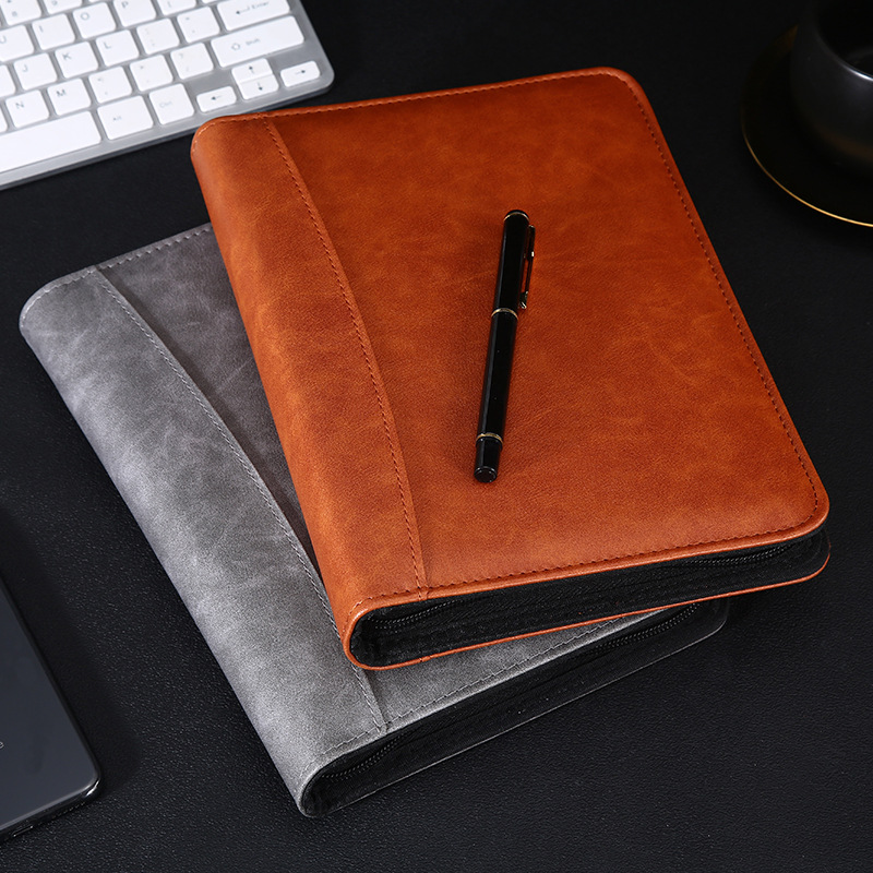ノートカバー 高級合成皮革ジッパー式ペンホルダー付ノートカバー