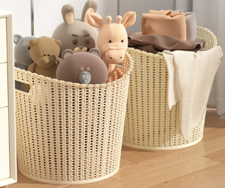 ぬいぐるみ収納 大容量編み目デザイン持ち手付き収納かご
