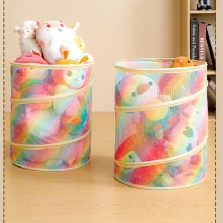 ぬいぐるみ収納 円筒型メッシュ式折りたたみ収納かご