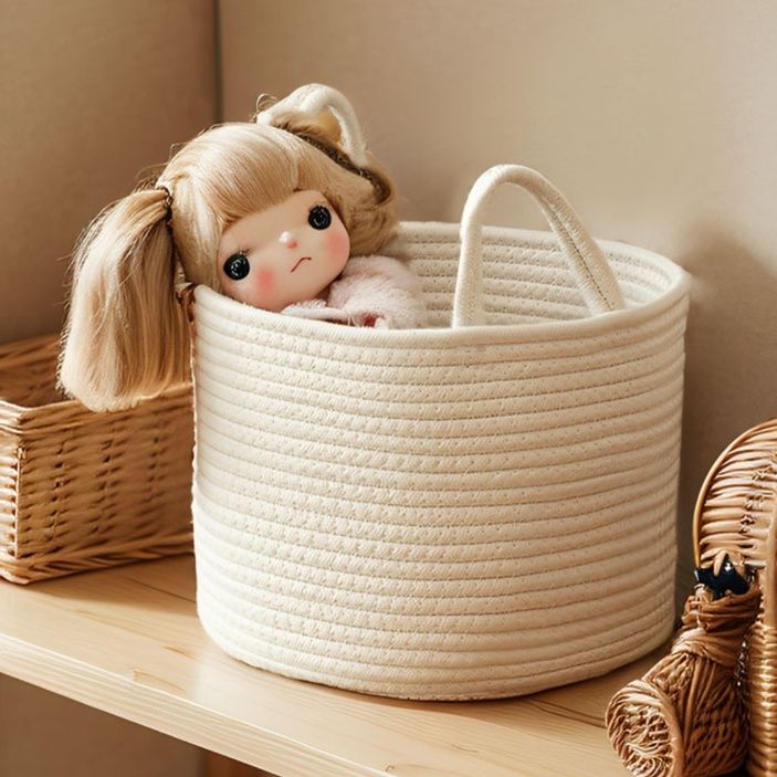 ぬいぐるみ収納 取っ手付き円形コットンロープ編みかご かご