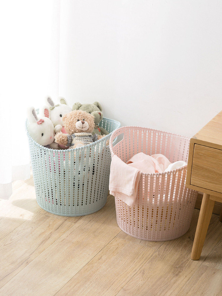 ぬいぐるみ収納 編み目模様の丸型収納かご取っ手付き