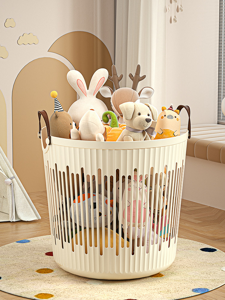 ぬいぐるみ収納 縦長スリット デザイン円型持ち手付き大容量かご