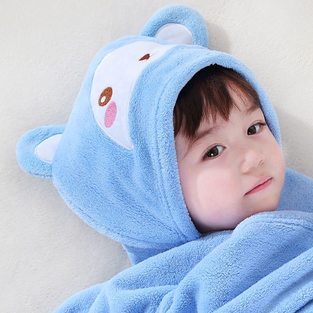 【フード付きベビーバスタオル】 新生児〜幼児用 80×80cm コーラルフリース 吸水速乾 ブランケット兼用 （ホワイトベア／ピンクキャット／グレーエレファント／ブルーパンダ）