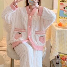 バスローブ レディース 冬用 厚手 フランネル ルームウェア 長袖 ロング丈 前開き もこもこ 可愛い パジャマ ピンク M〜XXL