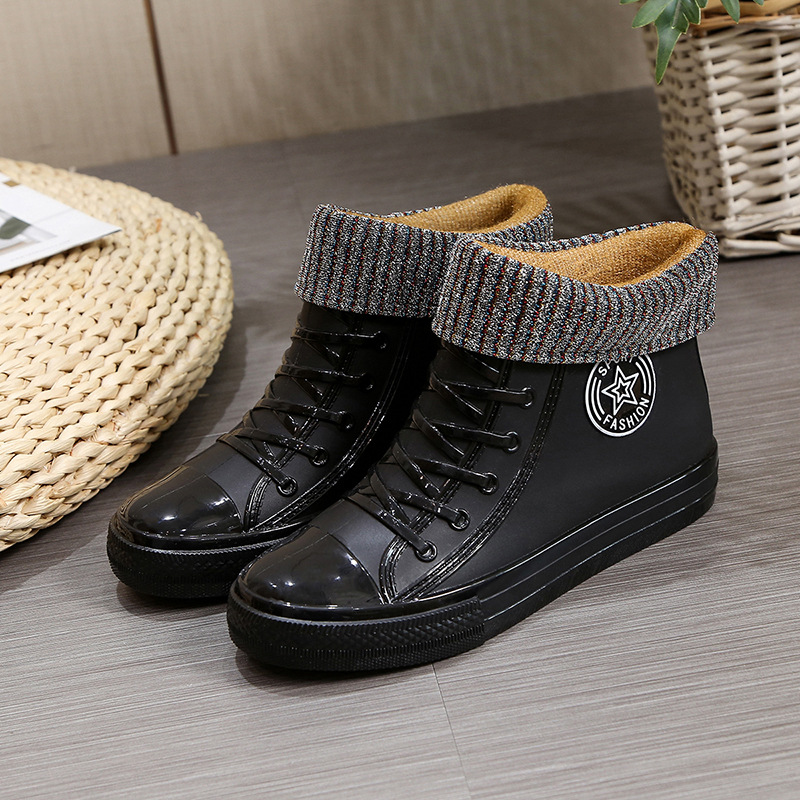 レインブーツ 編み上げデザイン防水 ショート