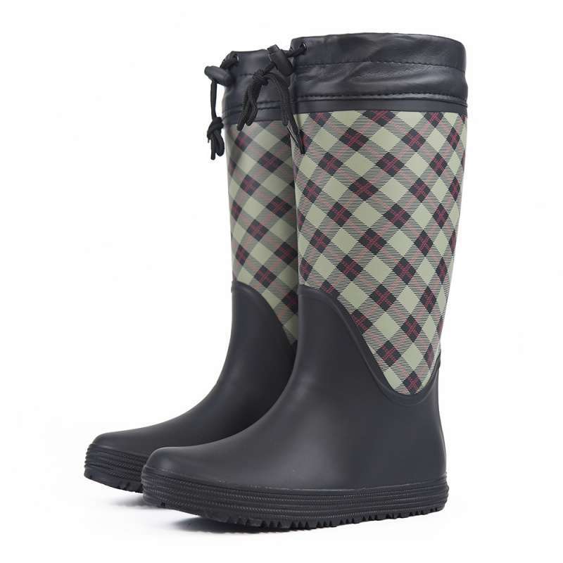 レインブーツ チェック柄切替ロング丈レインブーツ巾着仕様