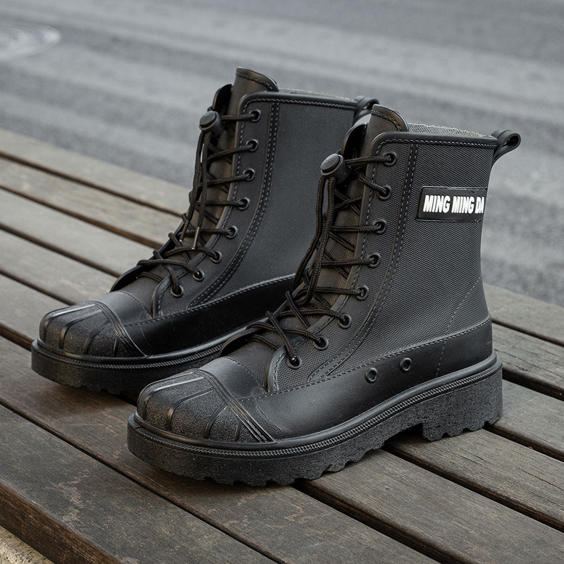 レインブーツ 編み上げミリタリー調ショートレインブーツ