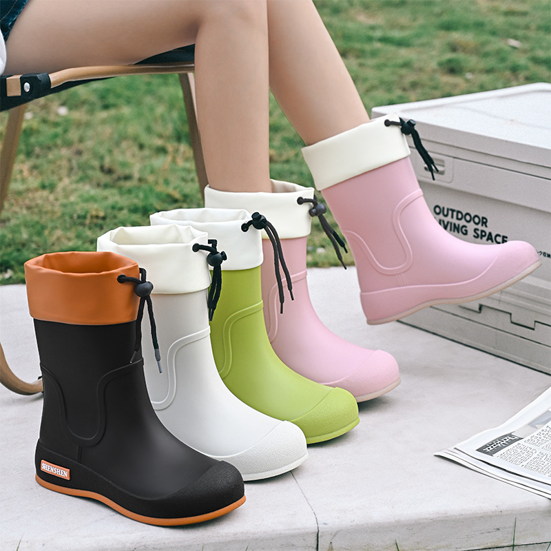 レインブーツ 巾着紐付きバイカラーショート丈