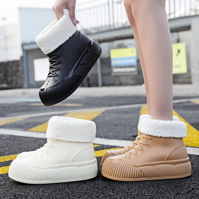 レインブーツ もこもこボア付き編み上げ 防寒