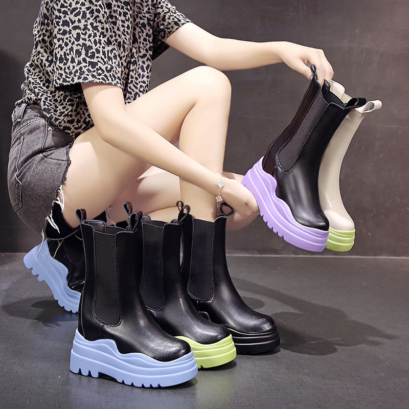 レインブーツ 波型ソール厚底サイドゴアレインブーツ