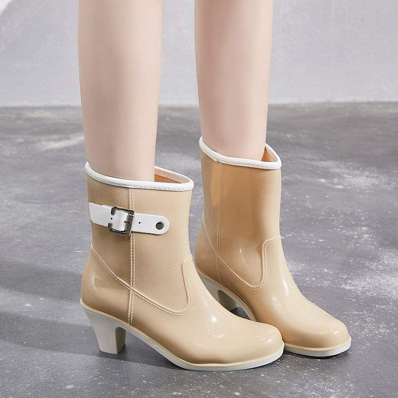 レインブーツ バックルベルト付きヒール付きショート丈長靴