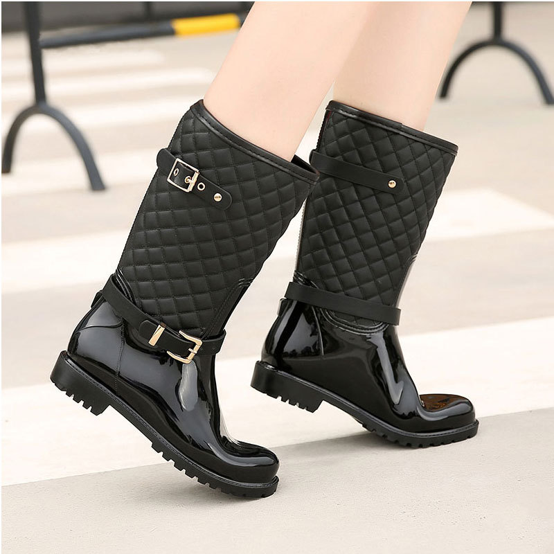 レインブーツ キルティング柄ベルト付き柔らか長靴