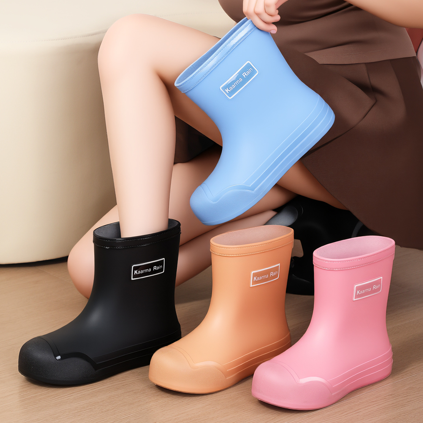 レインブーツ 軽量防水ショート丈長靴シンプルデザイン