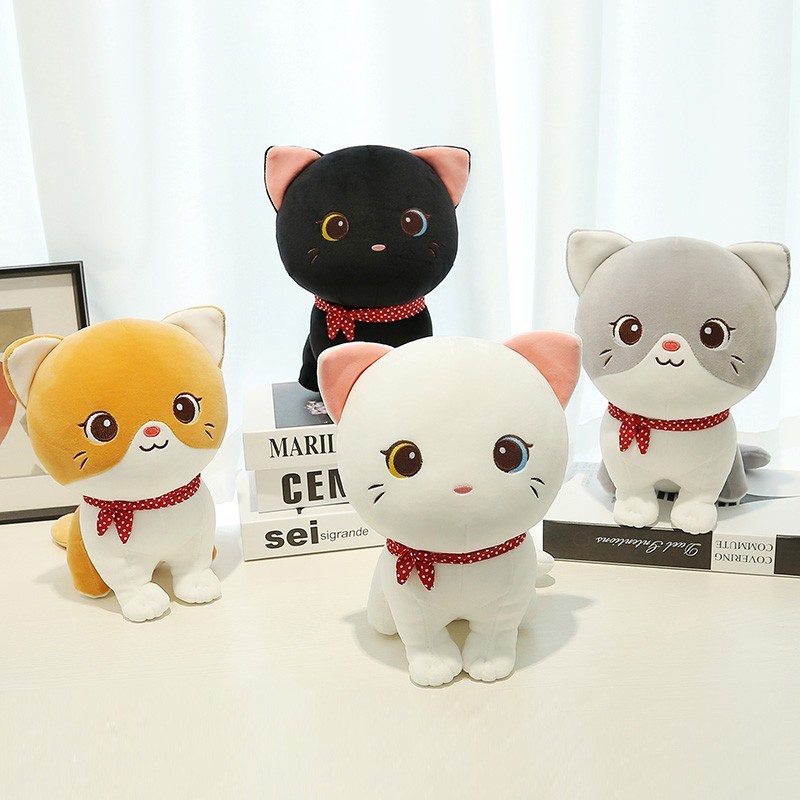 猫ぬいぐるみ くりくり目の黒猫ぬいぐるみ 水玉リボン付き