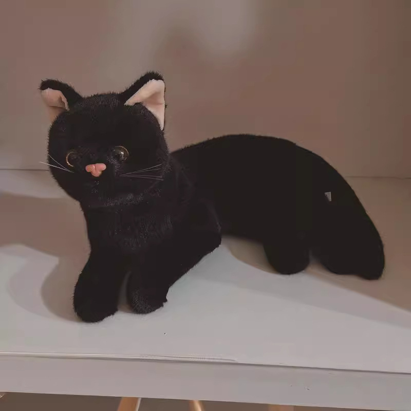 猫ぬいぐるみ ふわふわ黒い長毛種子猫のリアル寝そべりぬいぐるみ