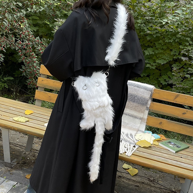 白色猫ぬいぐるみ斜めがけ起毛ふわふわ鞄