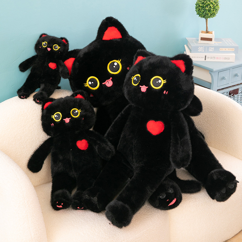 猫ぬいぐるみ 赤い耳と胸元ハートの大きな目の黒色子猫ぬいぐるみ